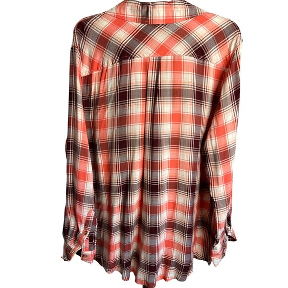 Ava & Viv Women's Plaid Button-Down Shirt Size 1X Long Sleeve Red-White-Brown - Picture 6 of 10